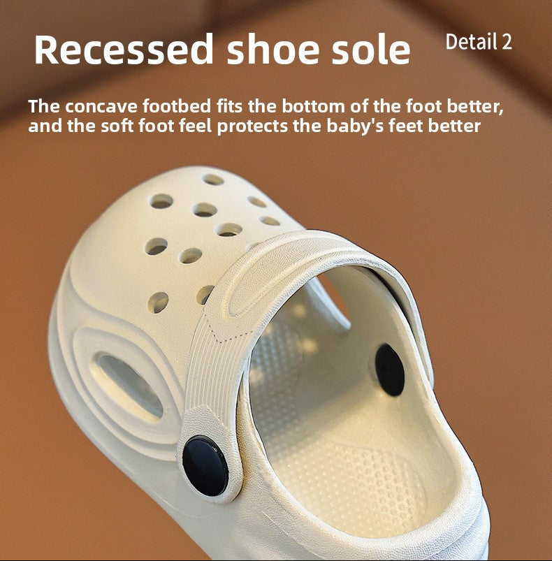 An off-white molded clog-style shoe shown with a close-up detail of the recessed sole, overlaid with text explaining footbed fit. 