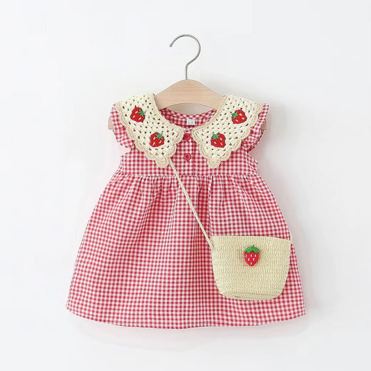 Strawberry Gingham Girls Dress With Bag