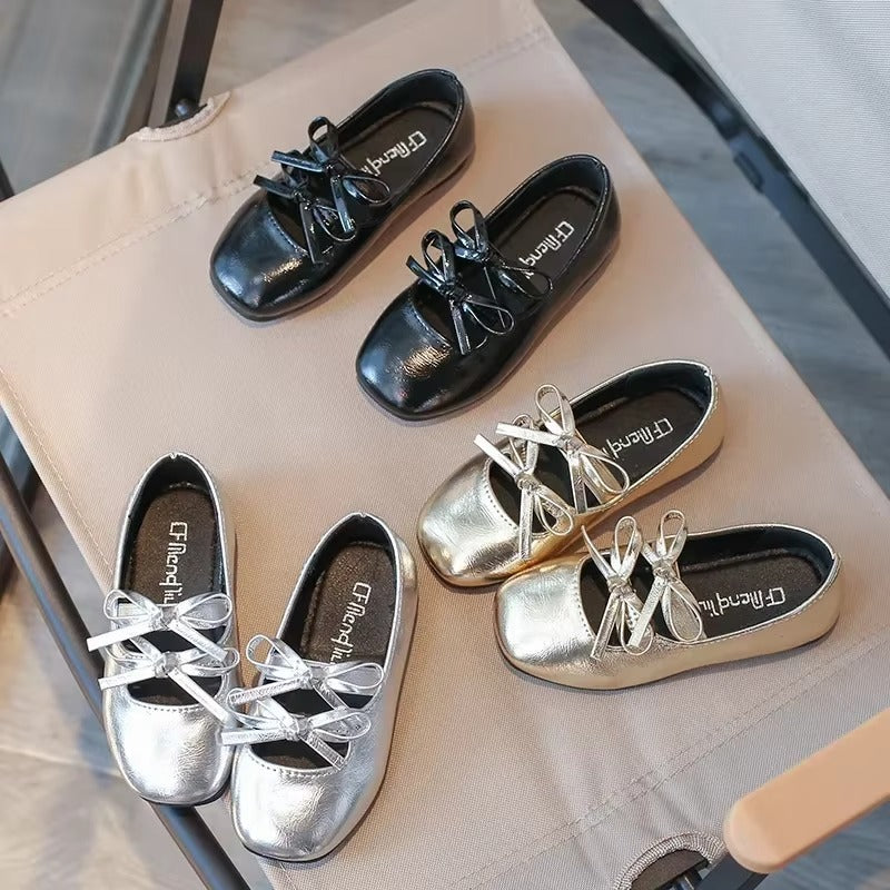 Girls Metallic Dance Shoes With Double Bow