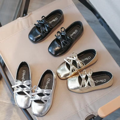 Girls Metallic Dance Shoes With Double Bow