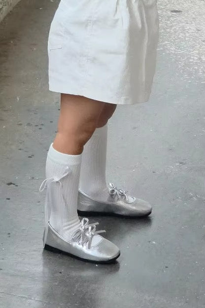 Girls Metallic Dance Shoes With Double Bow