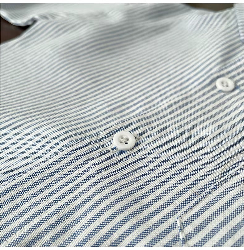 Boys Striped Button Down Shirt with Cartoon Dog Pocket