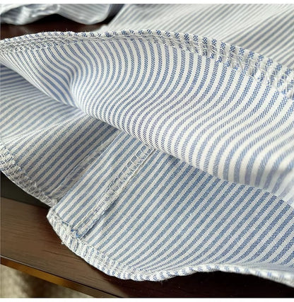Boys Striped Button Down Shirt with Cartoon Dog Pocket