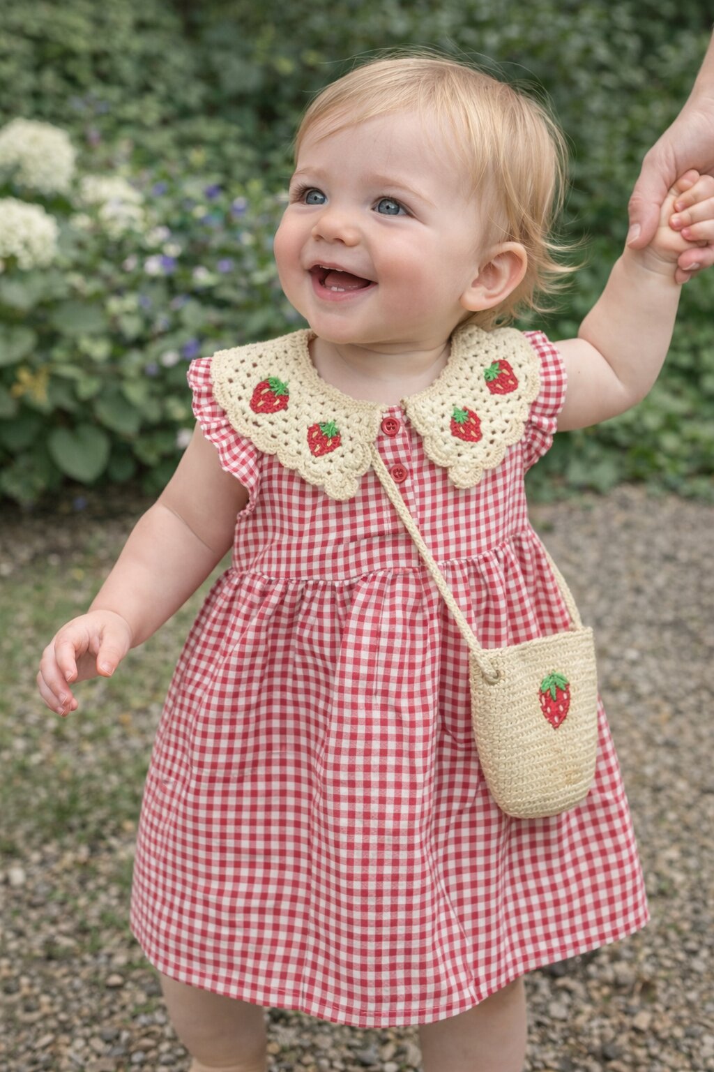 Strawberry Gingham Girls Dress With Bag