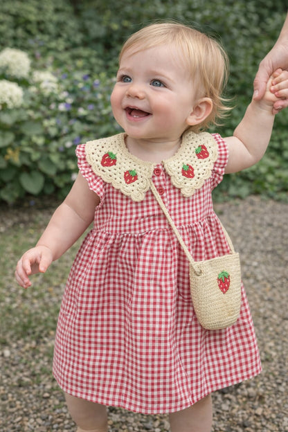 Strawberry Gingham Girls Dress With Bag