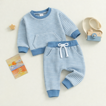 Striped Pocket Sweatshirt Lace-up Sweatpants & Shirt Set