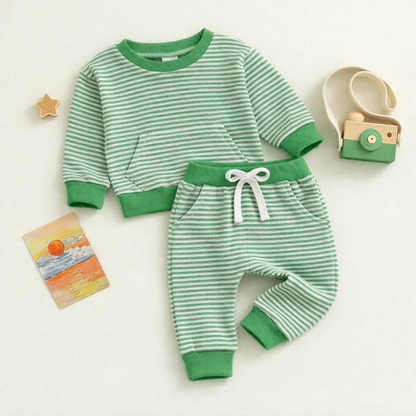 Striped Pocket Sweatshirt Lace-up Sweatpants & Shirt Set