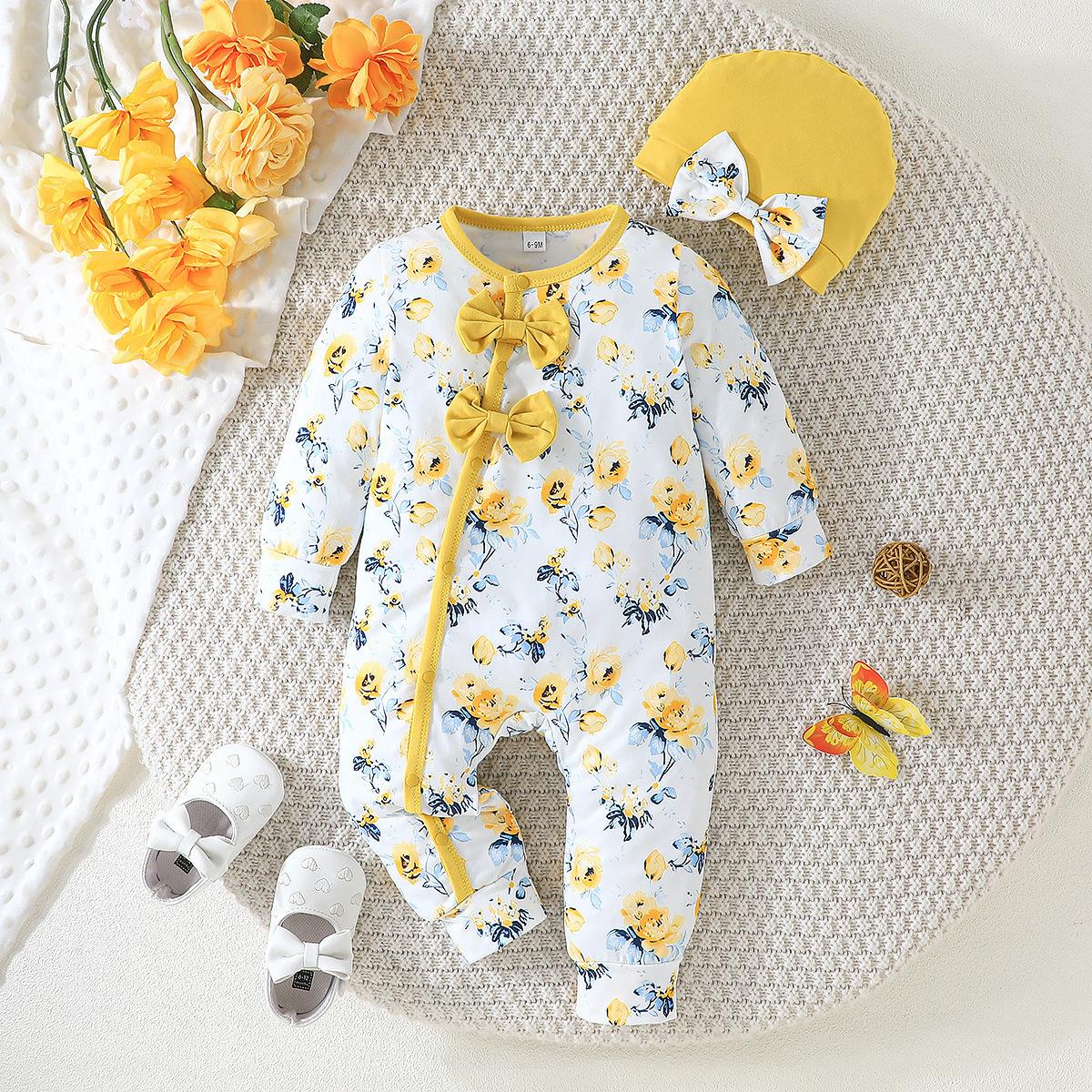 Baby Girl Floral Cotton Jumpsuit with Bows
