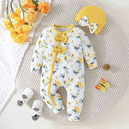 Baby Girl Floral Cotton Jumpsuit with Bows