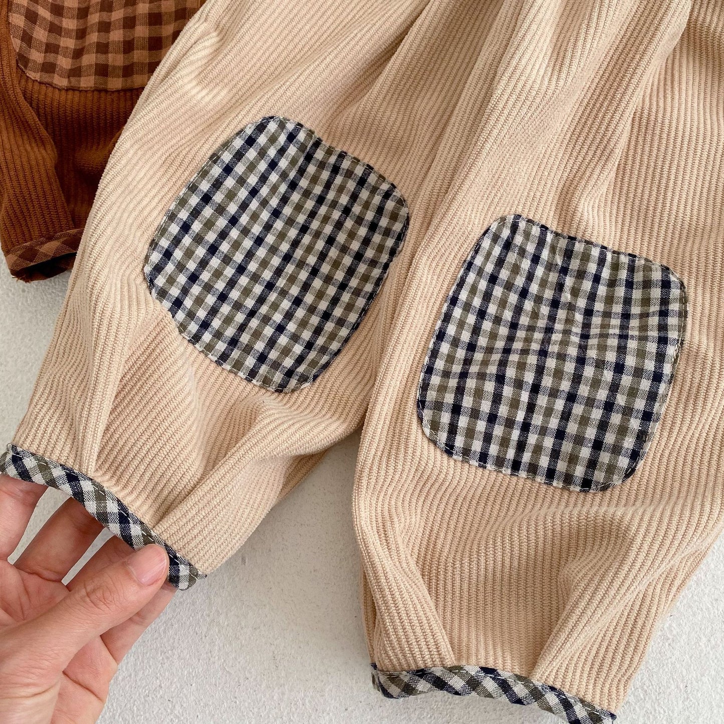 Baby Corduroy Pants – Cotton Trousers with Plaid Patch Detail