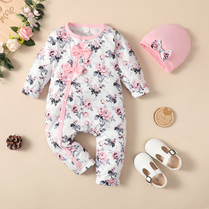 Baby Girl Floral Cotton Jumpsuit with Bows
