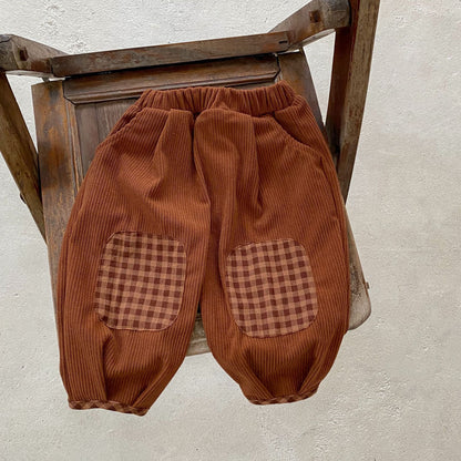 Baby Corduroy Pants – Cotton Trousers with Plaid Patch Detail