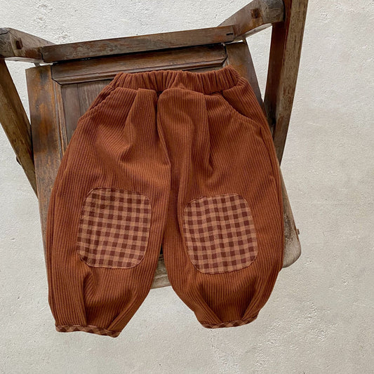 Baby Corduroy Pants – Cotton Trousers with Plaid Patch Detail