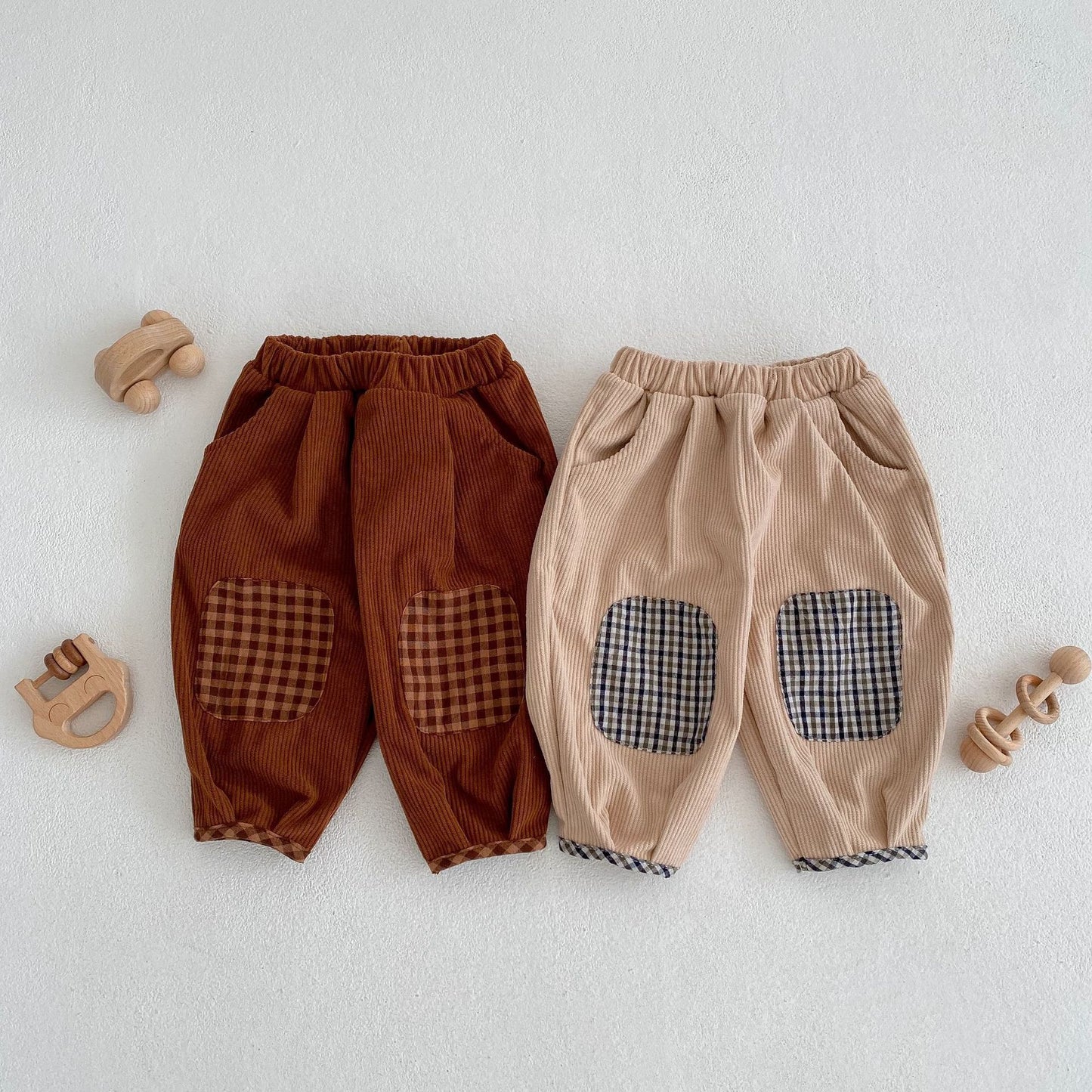 Baby Corduroy Pants – Cotton Trousers with Plaid Patch Detail