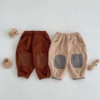Baby Corduroy Pants – Cotton Trousers with Plaid Patch Detail