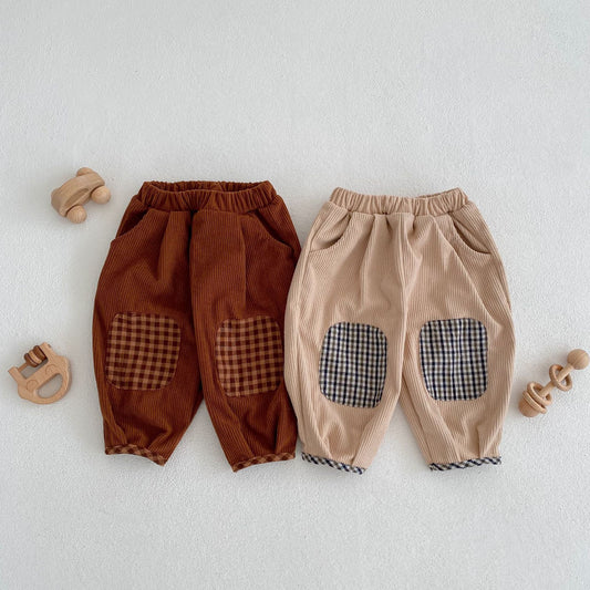 Baby Corduroy Pants – Cotton Trousers with Plaid Patch Detail