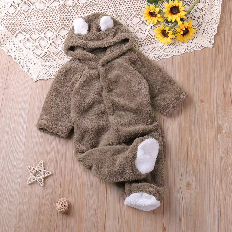 Baby Hooded Bear-Ear Plush Romper