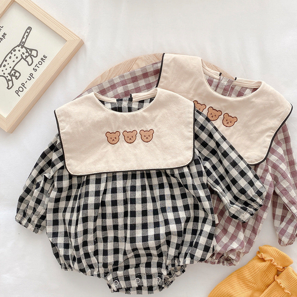 Baby Plaid Romper – Long Sleeve Cotton Outfit with Bear Embroidery