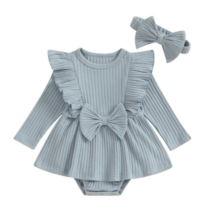 Ribbed Long Sleeve Baby Dress Jumpsuit with Bow & Headband