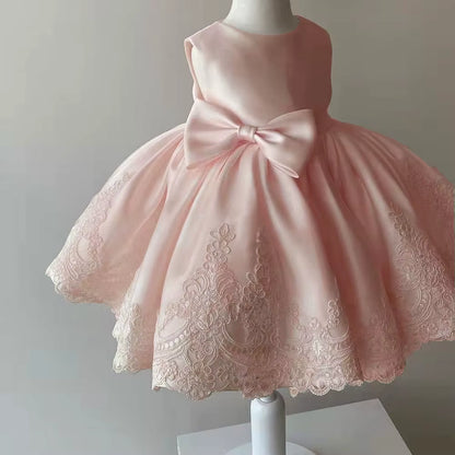 Girls 3D Floral Lace Party Dress with Button Back