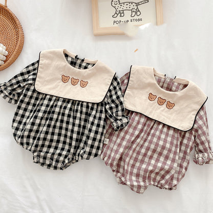 Baby Plaid Romper – Long Sleeve Cotton Outfit with Bear Embroidery