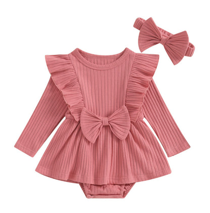 Ribbed Long Sleeve Baby Dress Jumpsuit with Bow & Headband