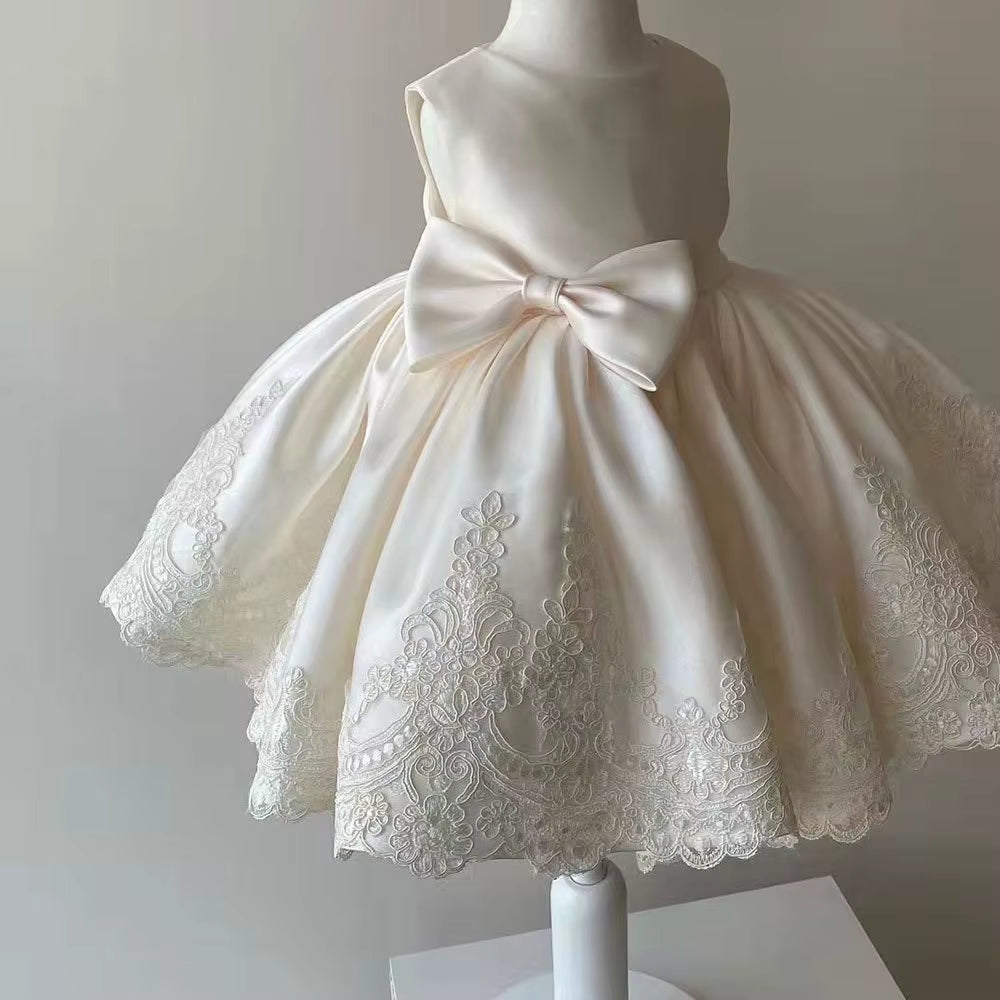Girls 3D Floral Lace Party Dress with Button Back