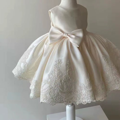Girls 3D Floral Lace Party Dress with Button Back