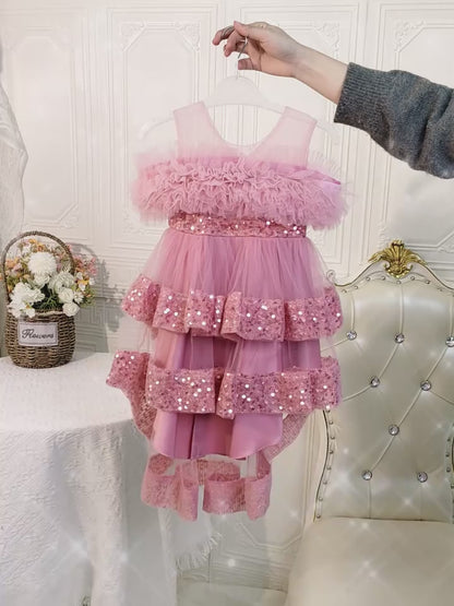 Girls Sequin Birthday Dress – Comfortable High-Low Tulle Dress for Parties & Photos